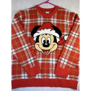 Disney Mickey Mouse Christmas Sweater Plaid Red Holiday Crewneck NWT Size Large